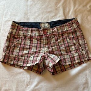 American Eagle Outfitters Pink and Cream Plaid Jean Shorts